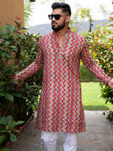 Pink Floral Chevron Printed Cotton Mens Kurta