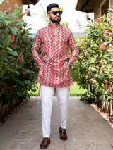 Pink Floral Chevron Printed Cotton Mens Kurta