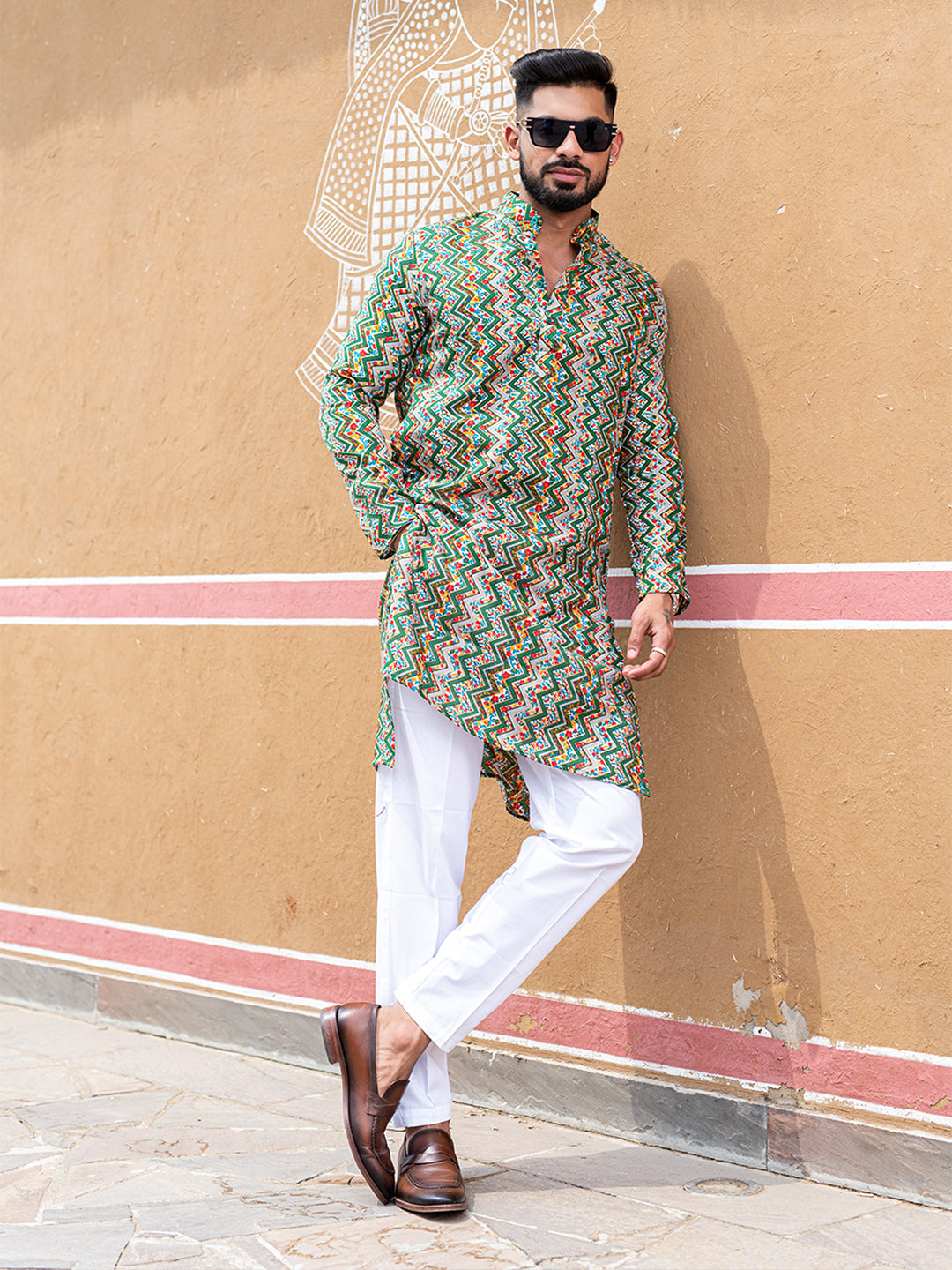 Green Floral Chevron Printed Cotton Mens Kurta