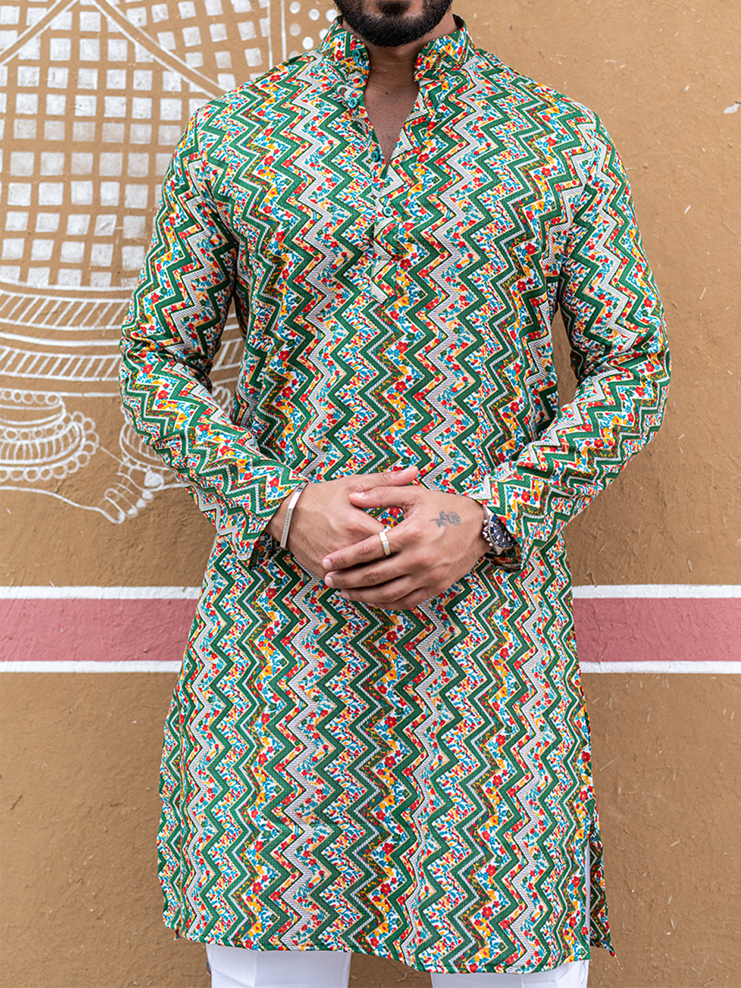 Green Floral Chevron Printed Cotton Mens Kurta