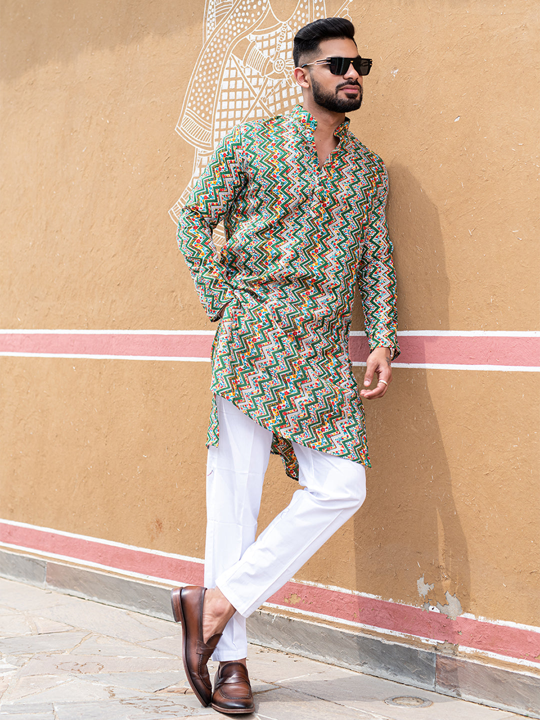 Green Floral Chevron Printed Cotton Mens Kurta