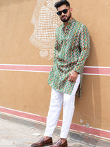 Green Floral Chevron Printed Cotton Mens Kurta