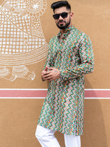 Green Floral Chevron Printed Cotton Mens Kurta