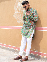 Green Floral Chevron Printed Cotton Mens Kurta