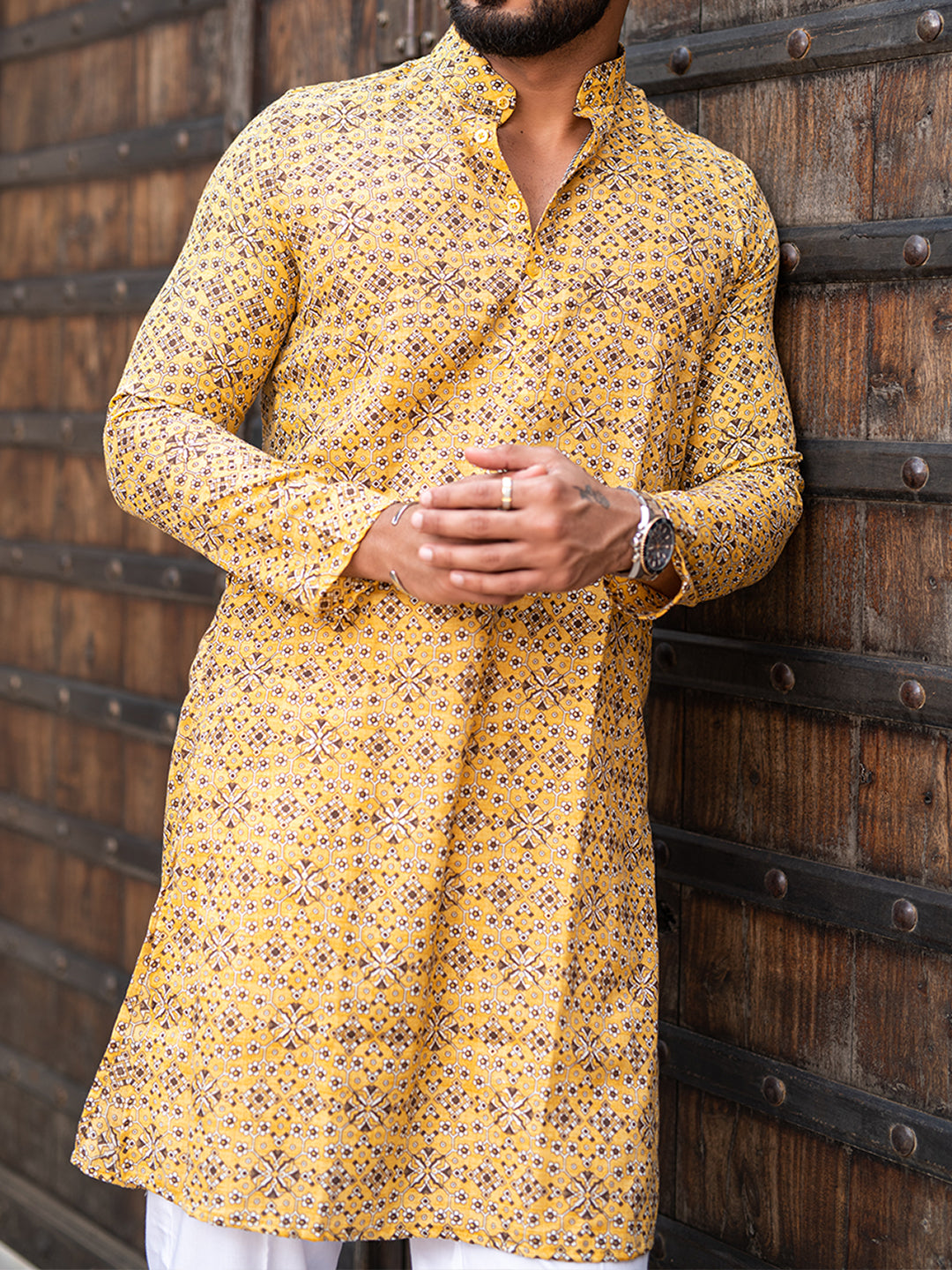 Gold Traditional Printed Cotton Mens Kurta