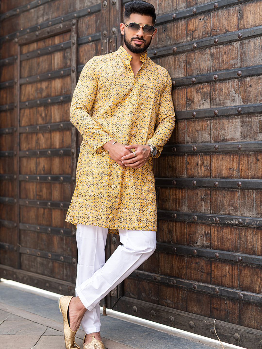 Gold Traditional Printed Cotton Mens Kurta