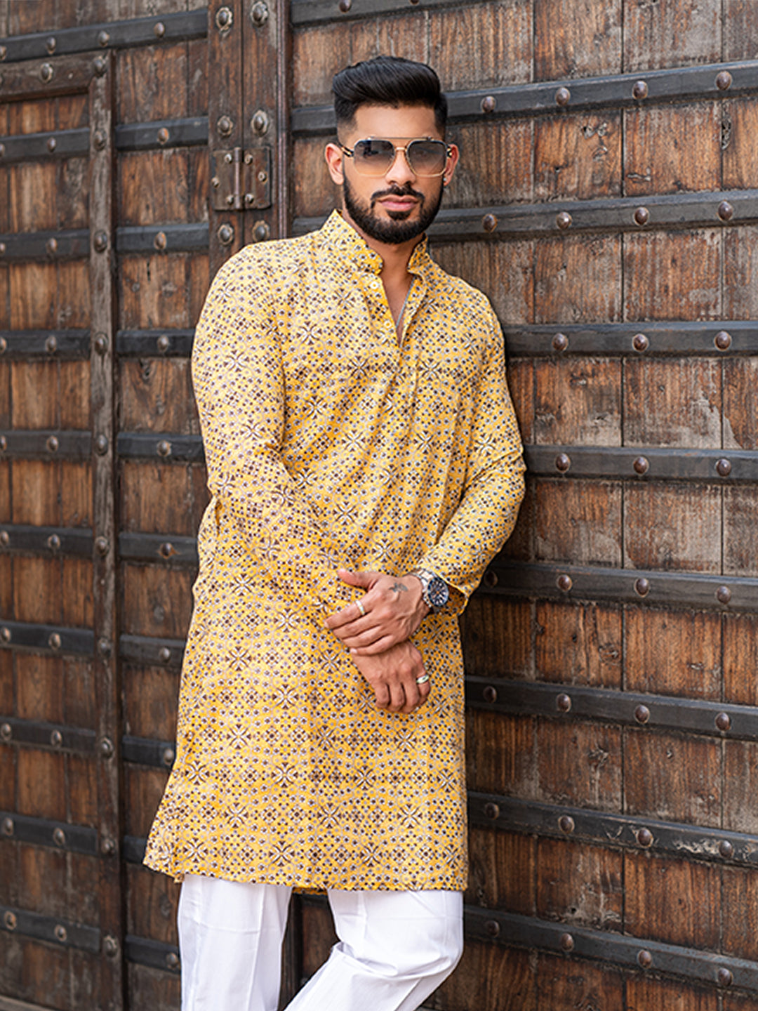 Gold Traditional Printed Cotton Mens Kurta