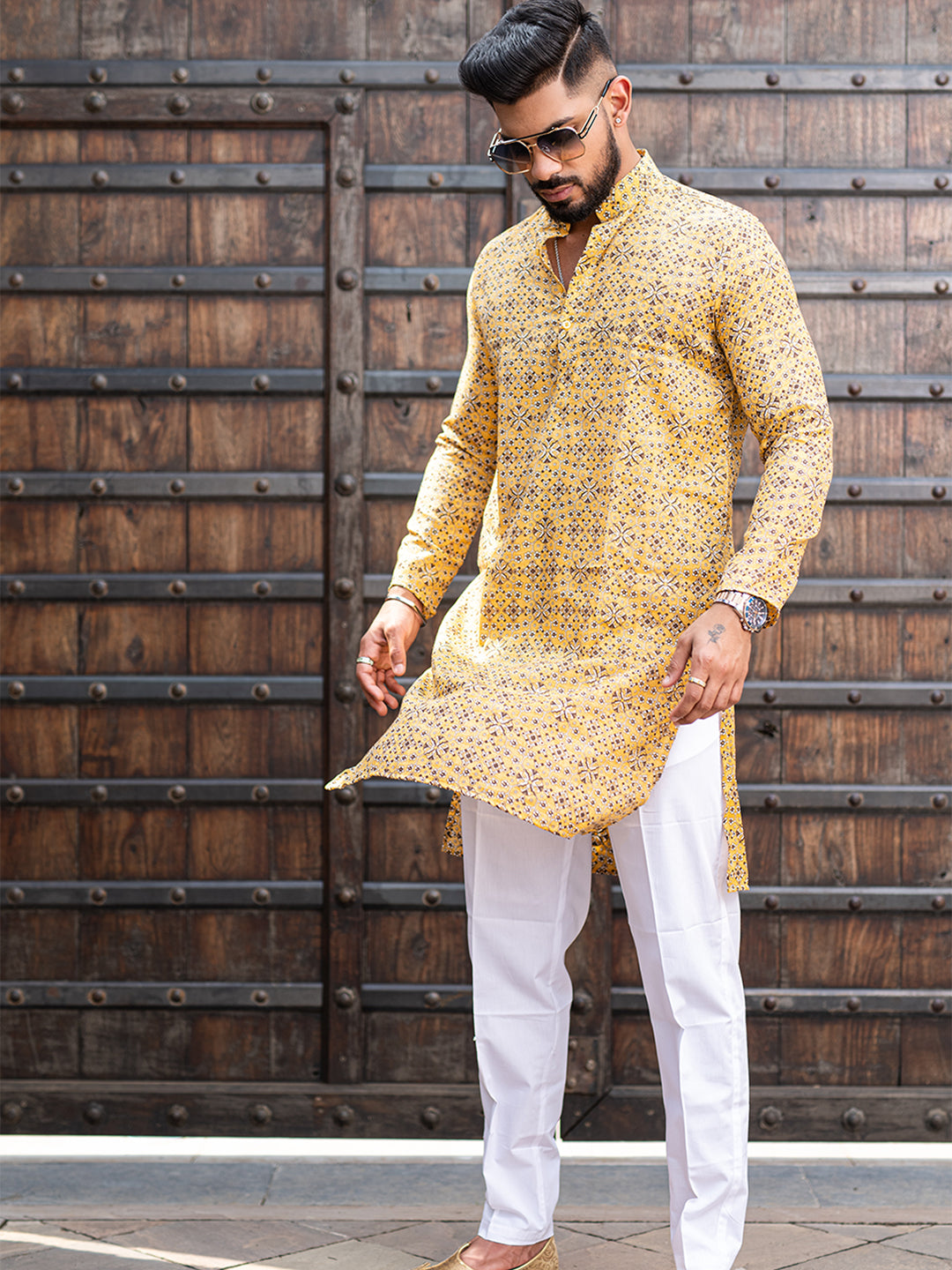 Gold Traditional Printed Cotton Mens Kurta