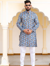 Blue Hand Block Printed Cotton Mens Kurta