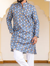 Blue Hand Block Printed Cotton Mens Kurta