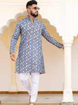 Blue Hand Block Printed Cotton Mens Kurta