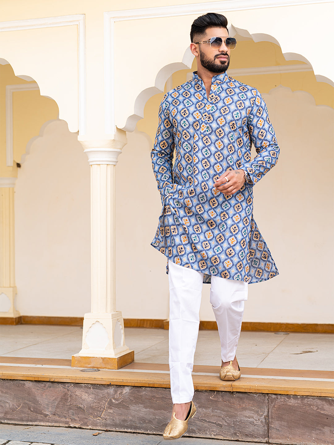 Blue Hand Block Printed Cotton Mens Kurta