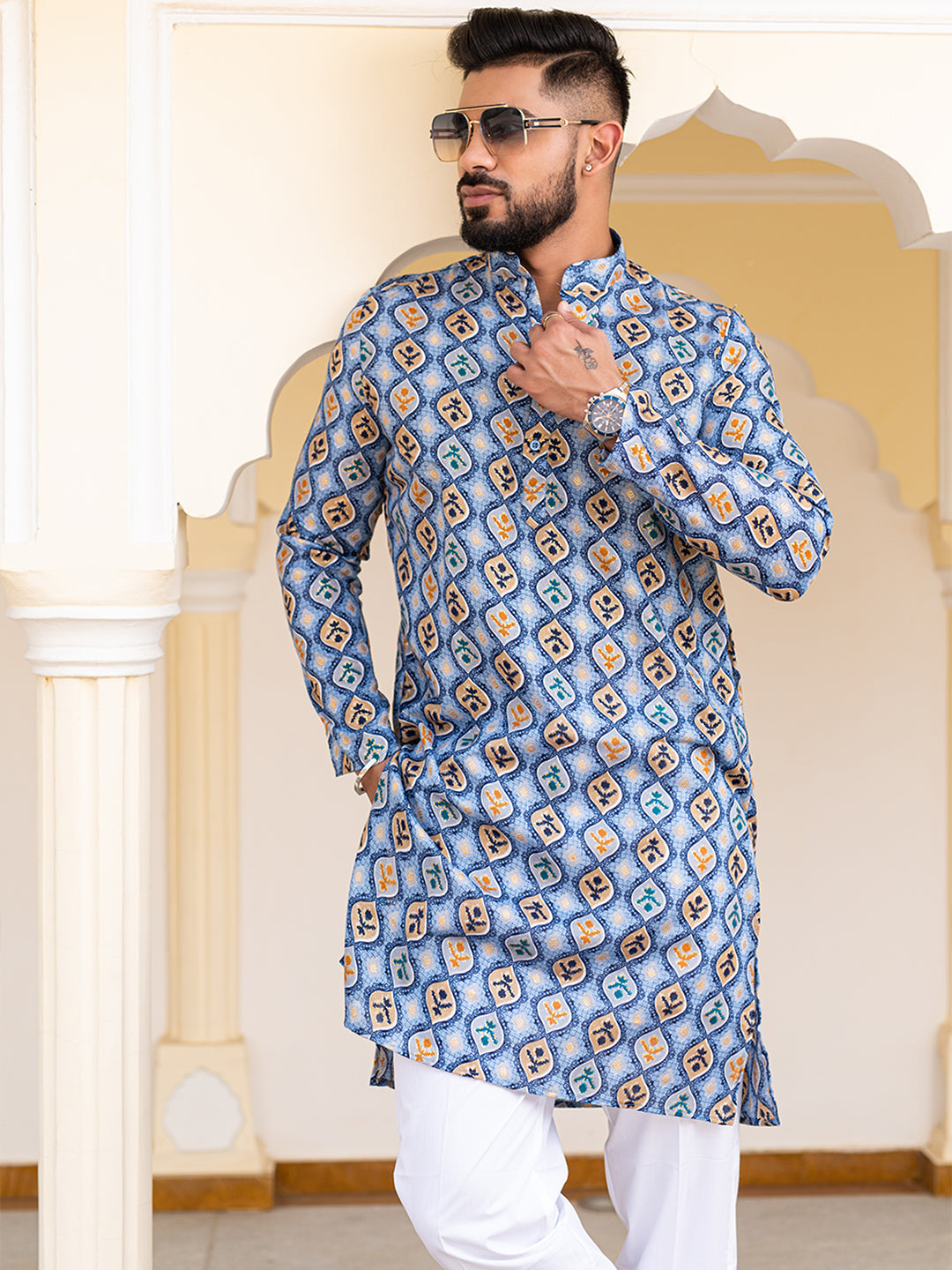 Blue Hand Block Printed Cotton Mens Kurta