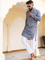 Blue Hand Block Printed Cotton Mens Kurta