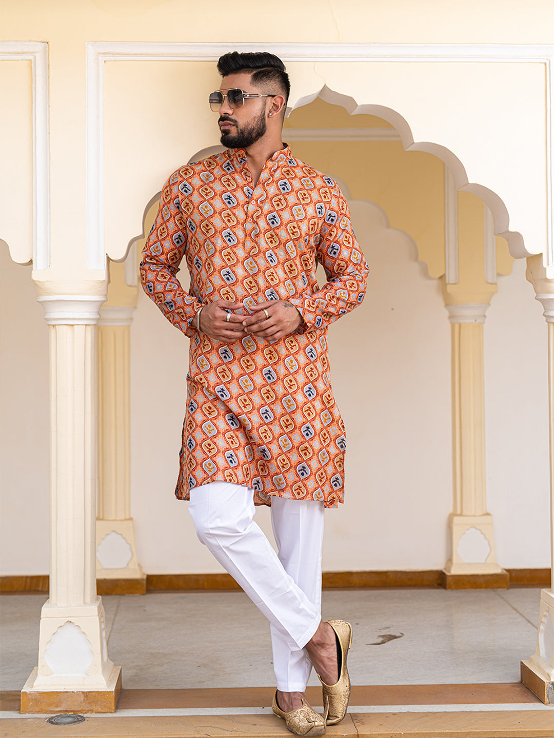 Peach Hand Block Printed Cotton Mens Kurta