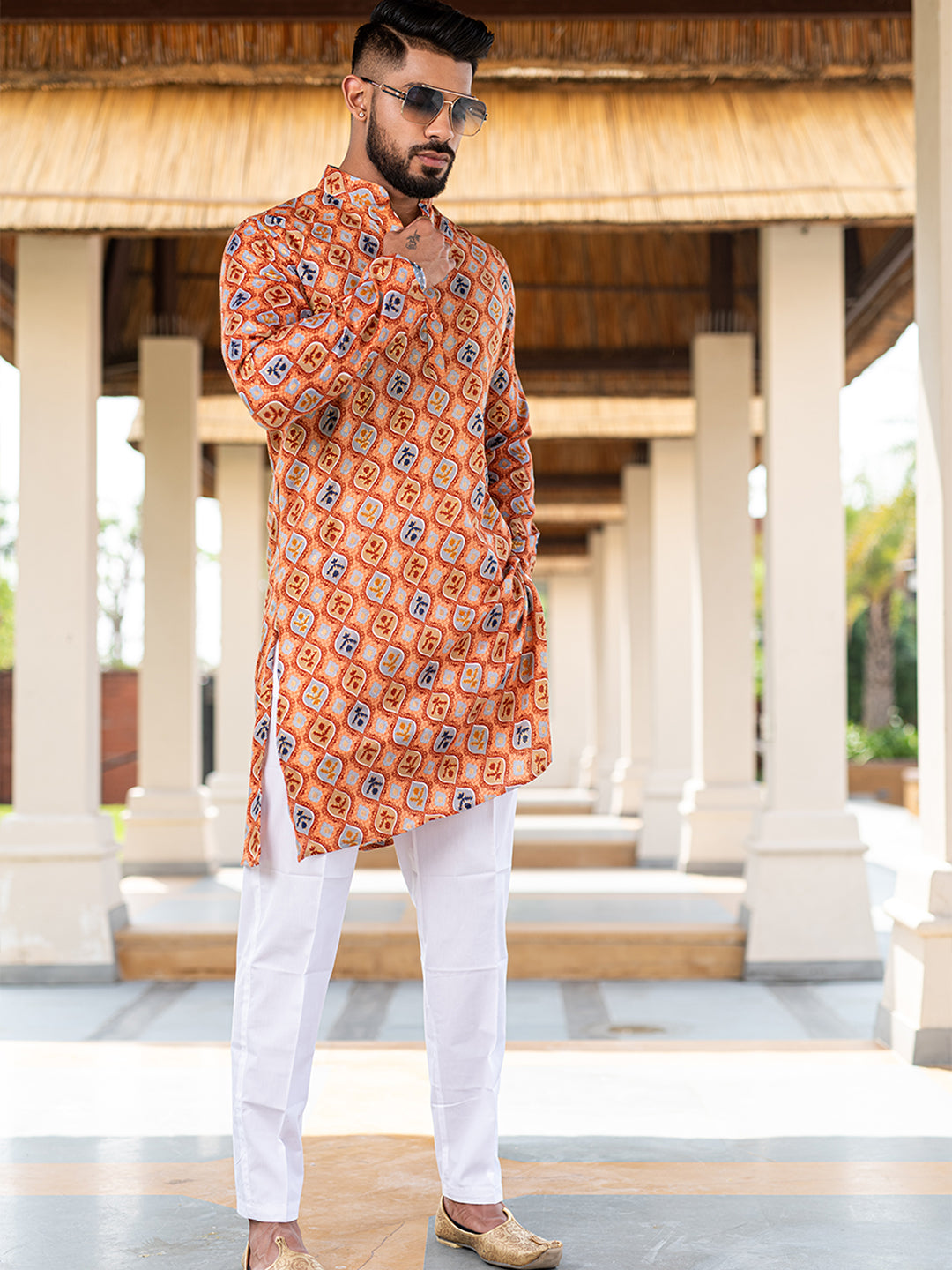 Peach Hand Block Printed Cotton Mens Kurta