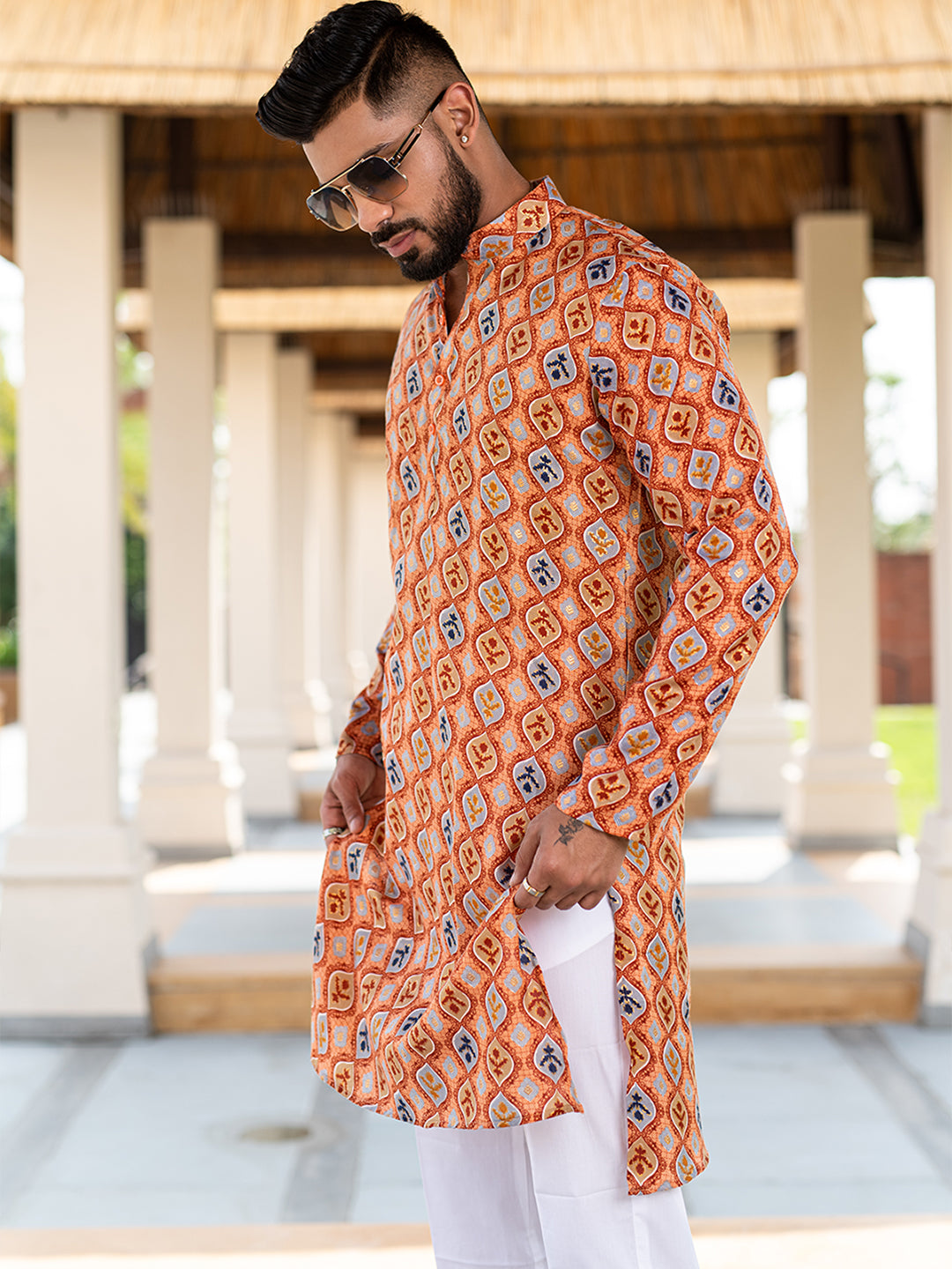 Peach Hand Block Printed Cotton Mens Kurta