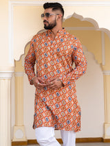 Peach Hand Block Printed Cotton Mens Kurta