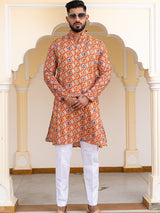 Peach Hand Block Printed Cotton Mens Kurta