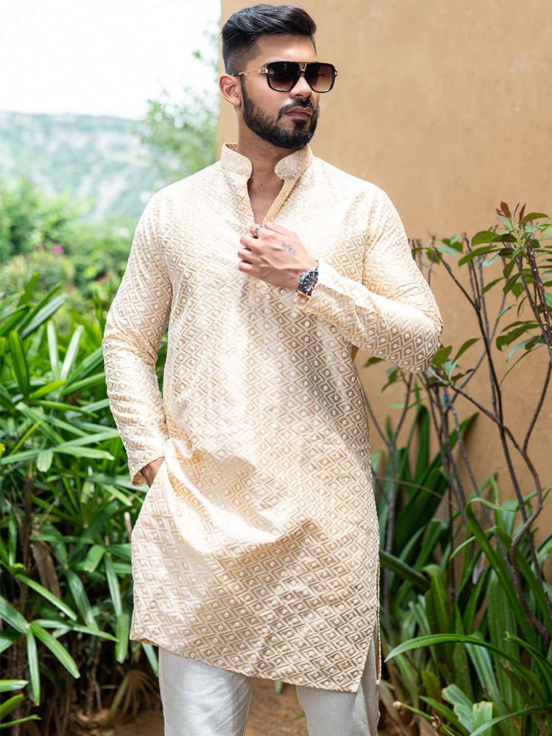 Beige Diamond Embroidered Cotton Mens Kurta