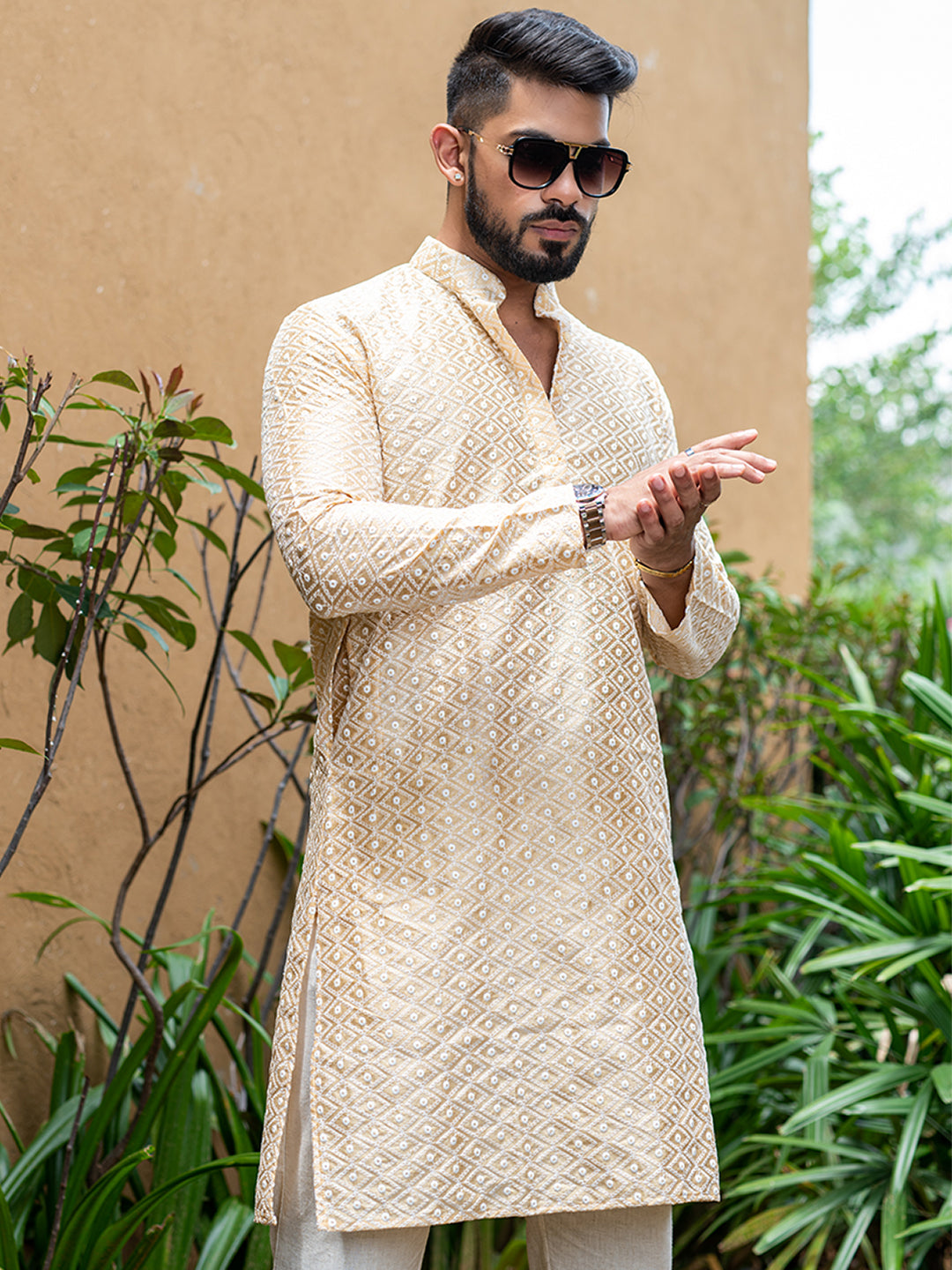 Beige Diamond Embroidered Cotton Mens Kurta