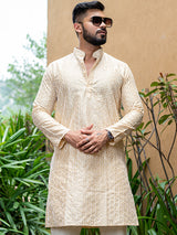 Beige Diamond Embroidered Cotton Mens Kurta