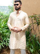 Beige Diamond Embroidered Cotton Mens Kurta