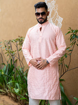 Peach Diamond Embroidered Cotton Mens Kurta