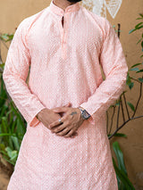 Peach Diamond Embroidered Cotton Mens Kurta