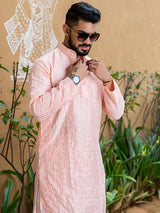 Peach Diamond Embroidered Cotton Mens Kurta