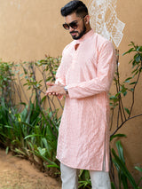 Peach Diamond Embroidered Cotton Mens Kurta