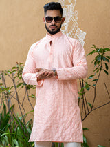 Peach Diamond Embroidered Cotton Mens Kurta