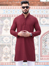 Red Floral Embroidered Cotton Mens Kurta