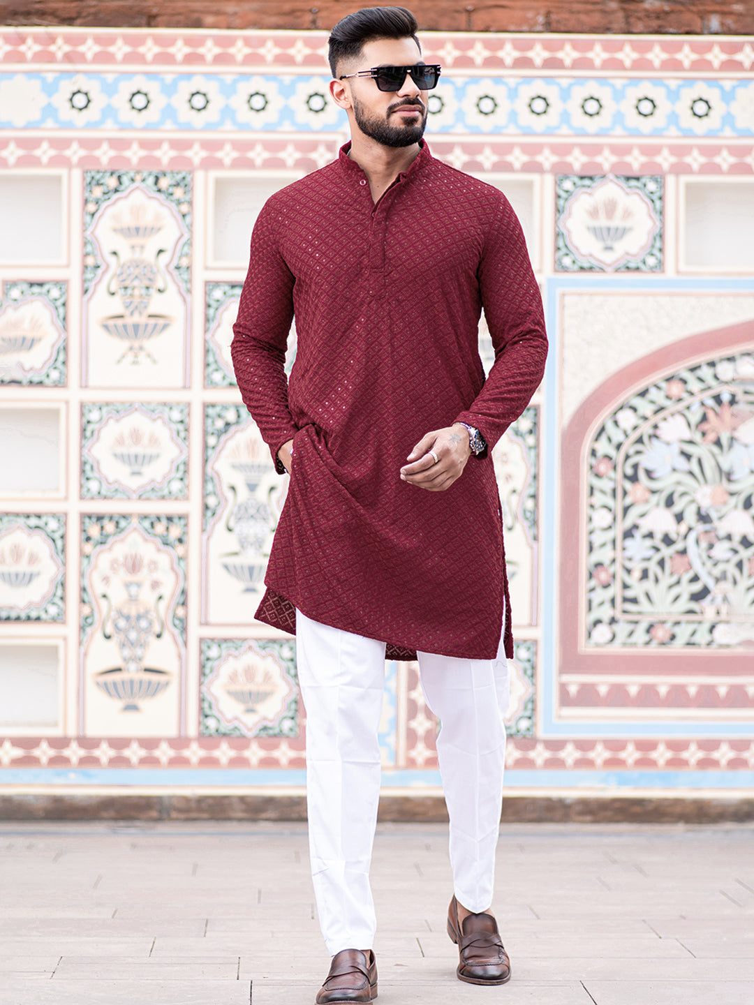 Red Floral Embroidered Cotton Mens Kurta