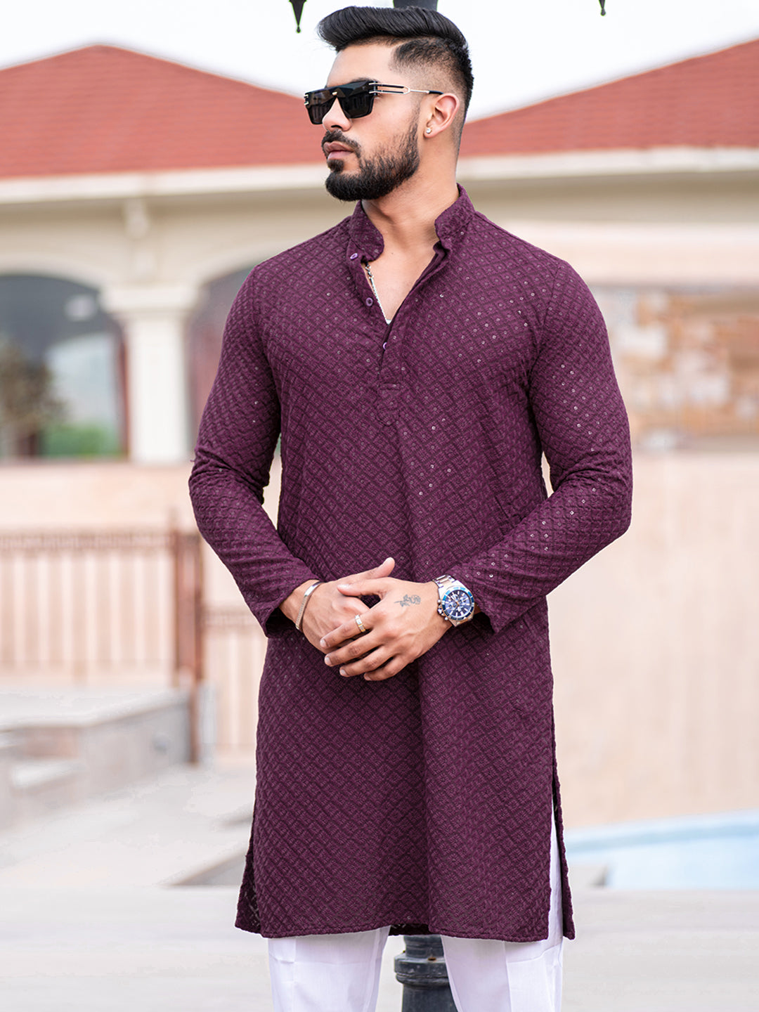 Purple Floral Embroidered Cotton Mens Kurta