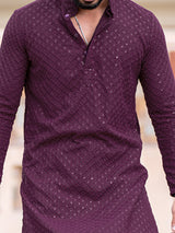 Purple Floral Embroidered Cotton Mens Kurta