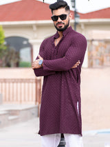 Purple Floral Embroidered Cotton Mens Kurta