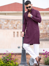 Purple Floral Embroidered Cotton Mens Kurta