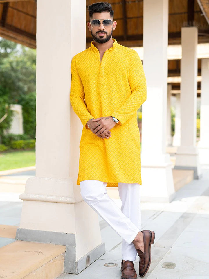 Yellow Floral Embroidered Cotton Men's Kurta