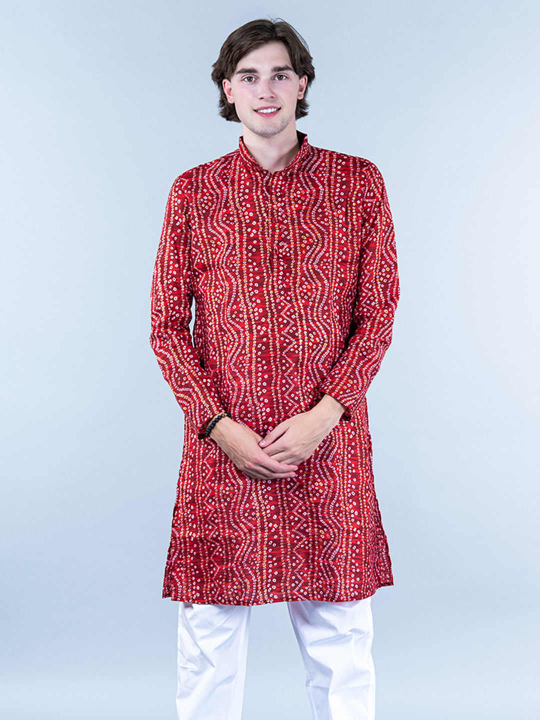 Red Bandhani Printed Mens Cotton Kurta