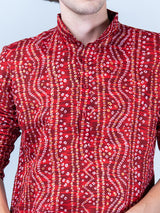 Red Bandhani Printed Mens Cotton Kurta