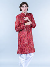 Red Bandhani Printed Mens Cotton Kurta