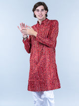 Red Bandhani Printed Mens Cotton Kurta