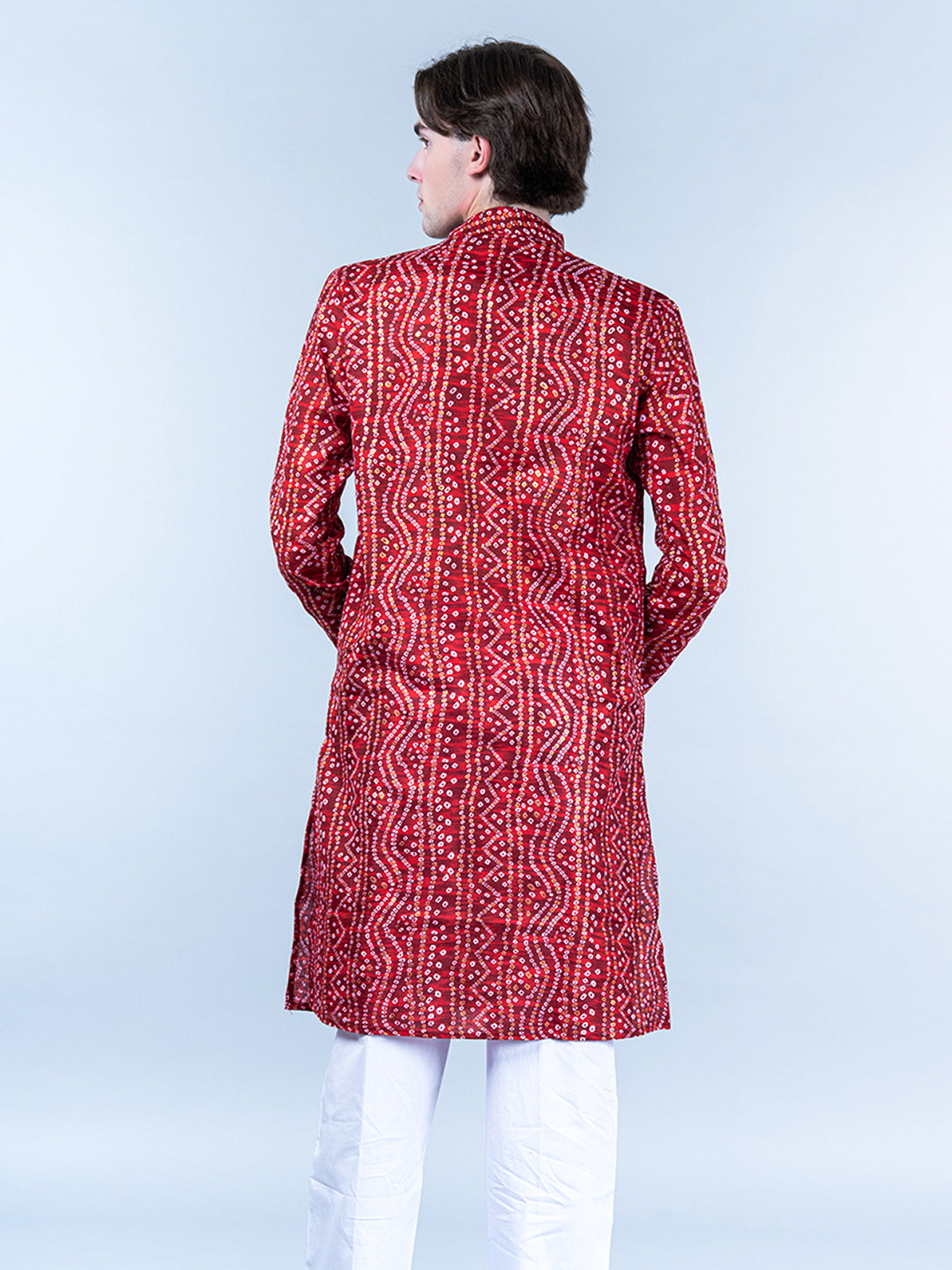 Red Bandhani Printed Mens Cotton Kurta