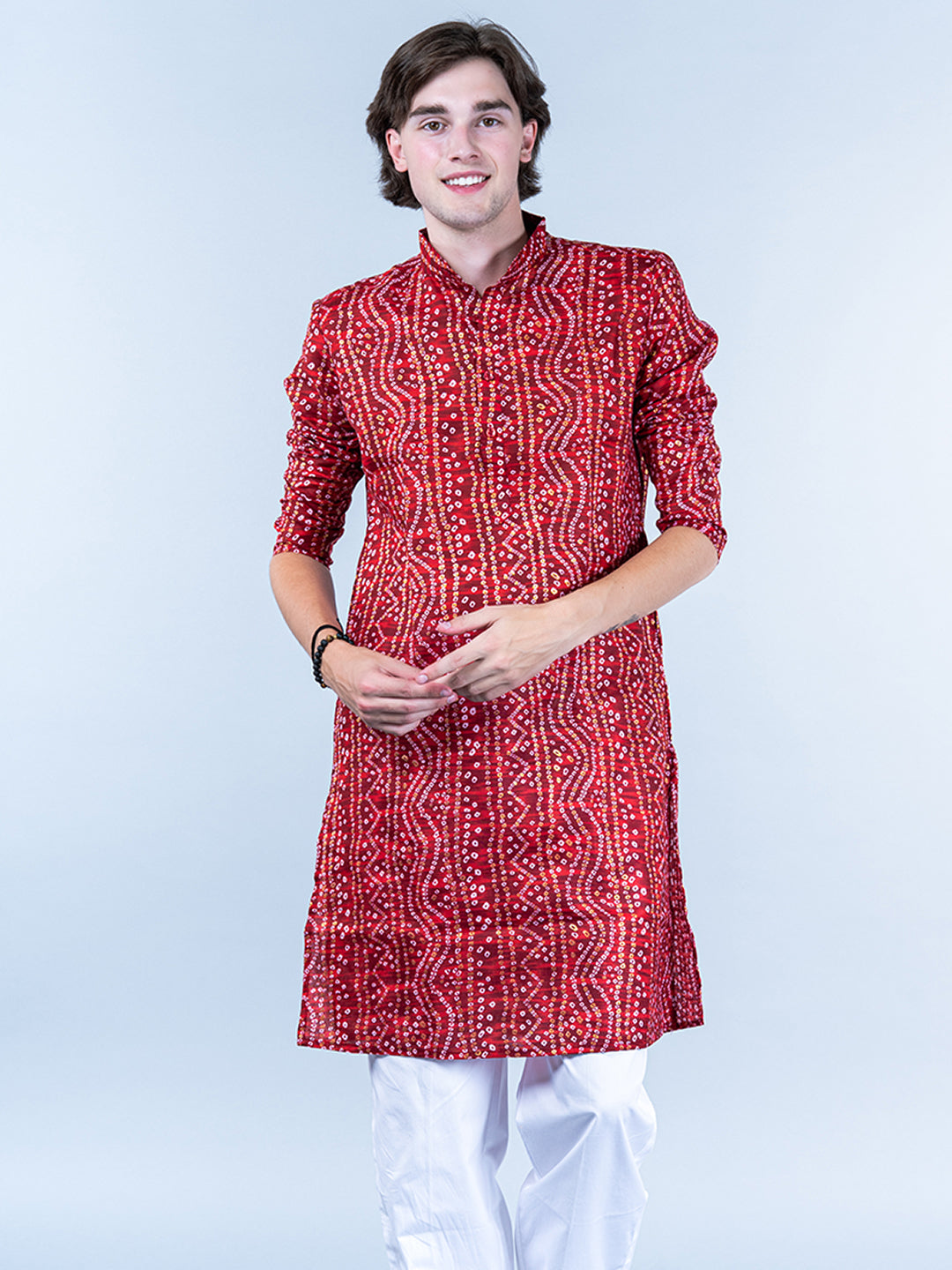 Red Bandhani Printed Mens Cotton Kurta