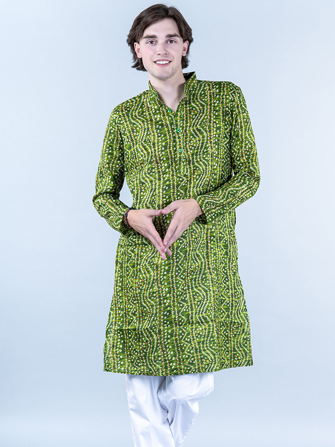 Green Bandhani Printed Mens Cotton Kurta