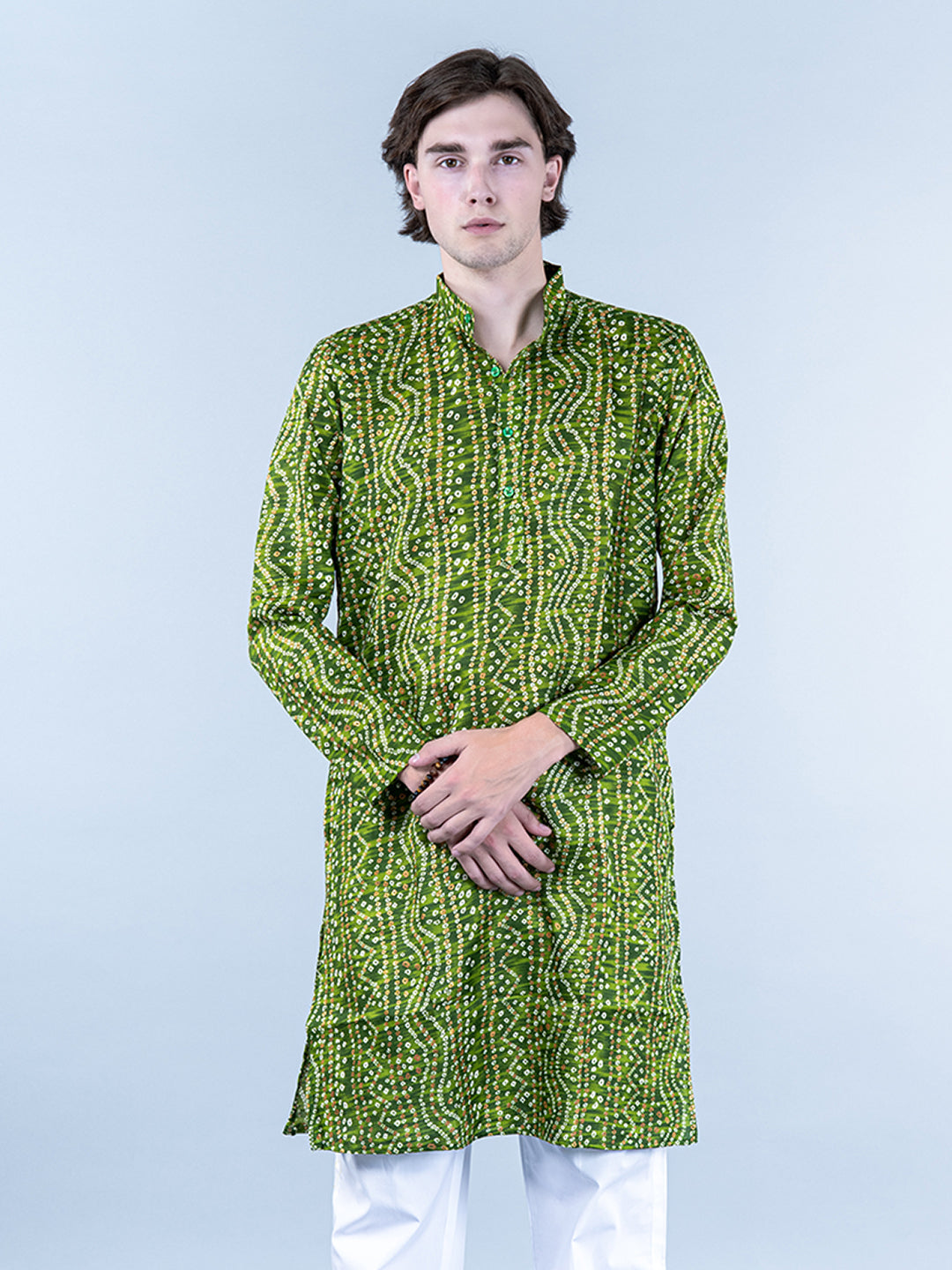 Green Bandhani Printed Mens Cotton Kurta