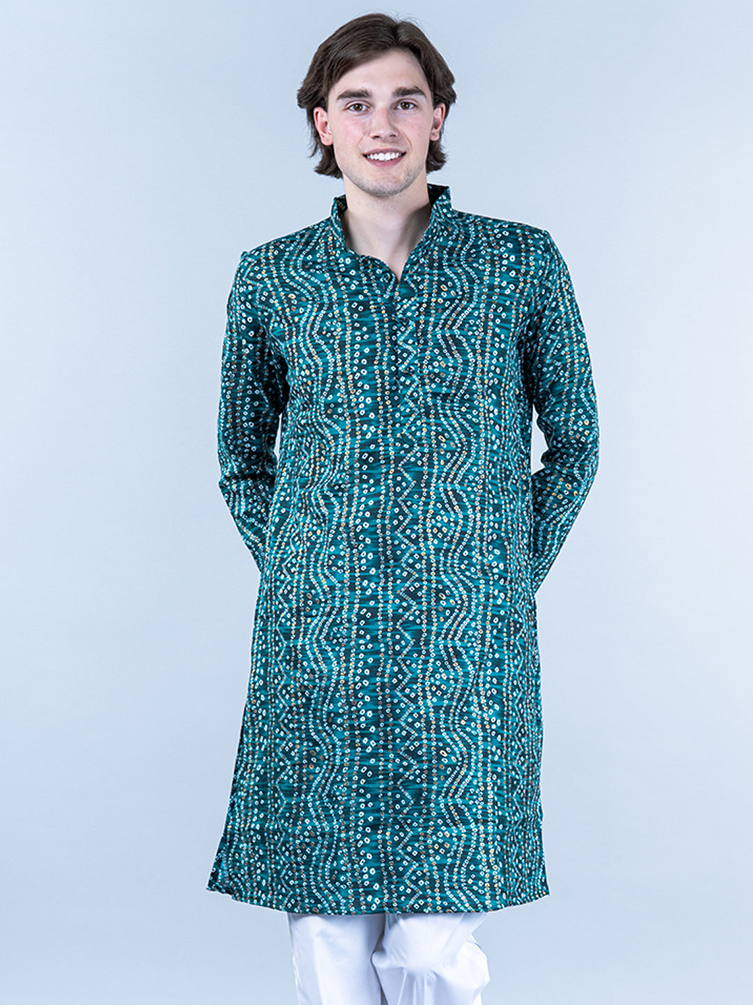 Bottle Green Bandhani Printed Mens Cotton Kurta