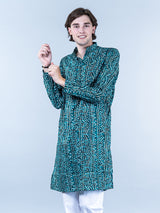 Bottle Green Bandhani Printed Mens Cotton Kurta