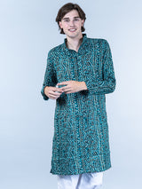 Bottle Green Bandhani Printed Mens Cotton Kurta